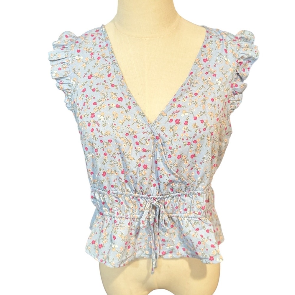 Pink Rose Blue Floral V-Neck Ruffle Sleeve Peplum Top  Large NWT Cottagecore